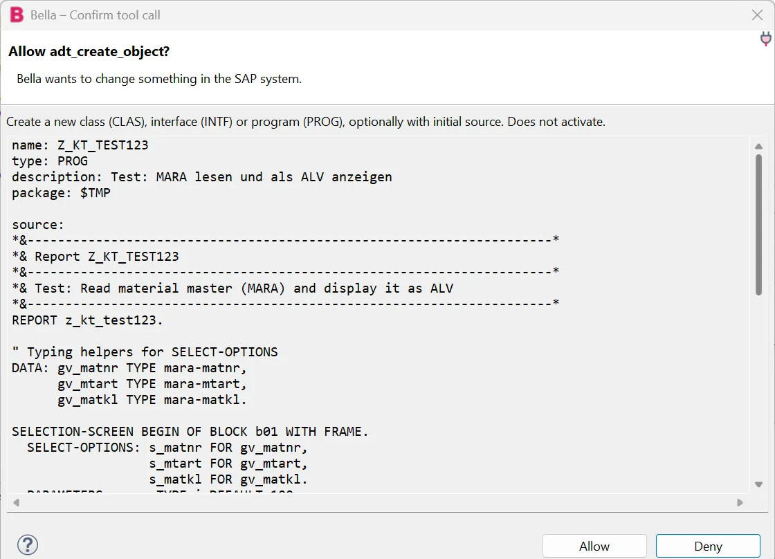 Bella asks for permission before it creates the program Z_KT_TEST123 in package $TMP and shows the full source first