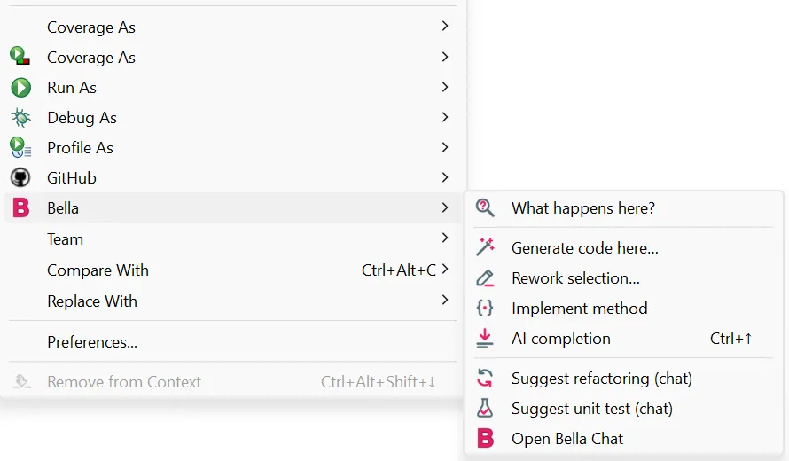 Right-click in the ABAP editor: the Bella submenu with its actions