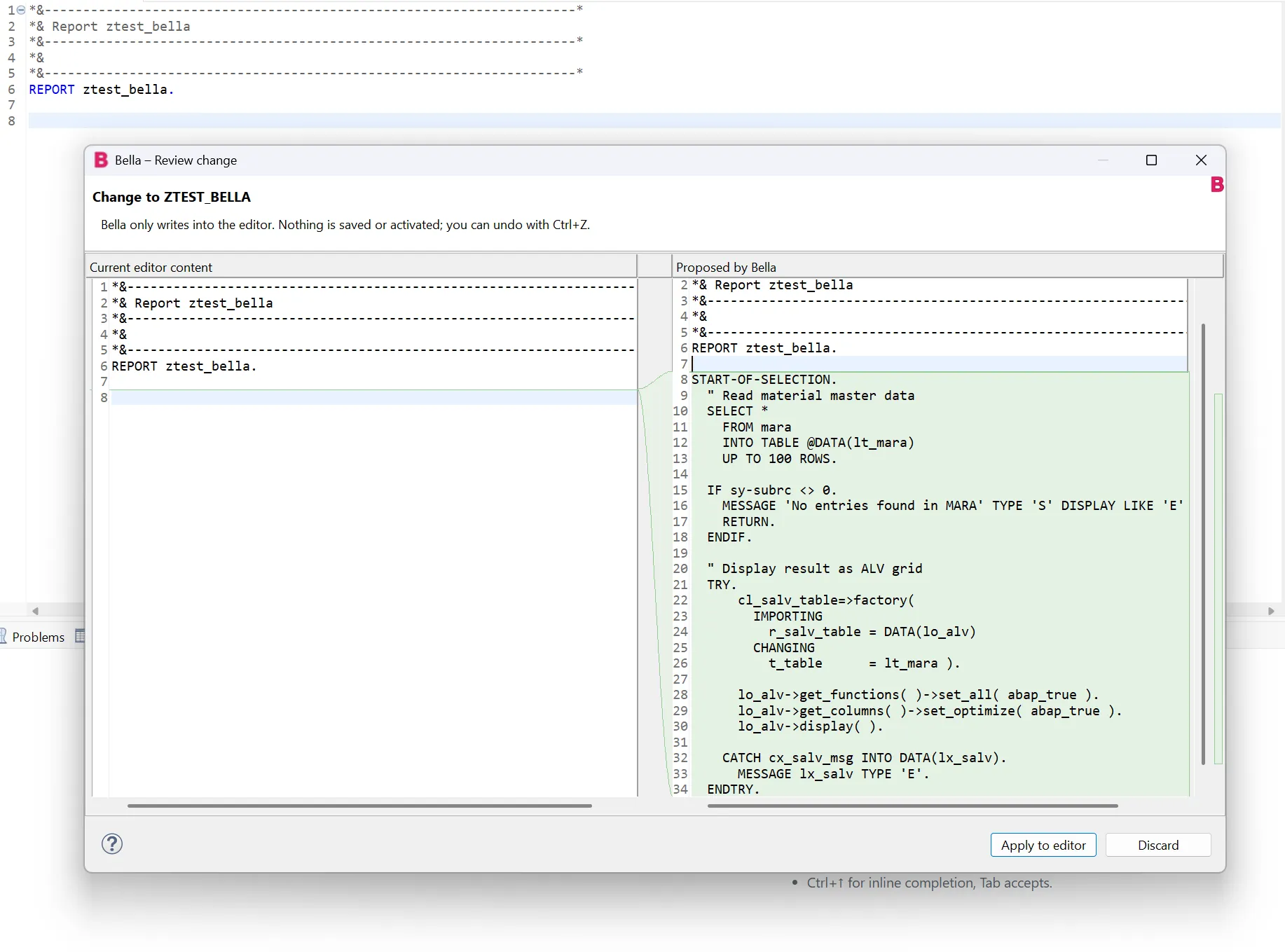 Bella shows a diff preview with old and new code before it writes generated code into the ABAP editor