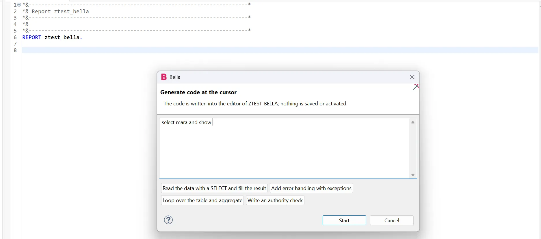Dialog “Generate code at the cursor”: describe what you need or pick a suggestion