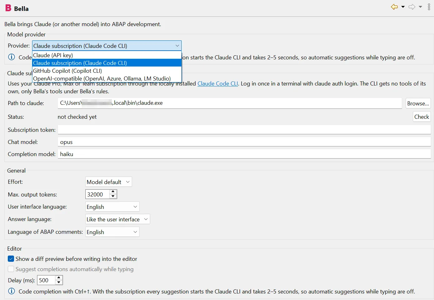 Bella preferences with the provider drop-down: Claude API key, Claude subscription, GitHub Copilot, OpenAI-compatible