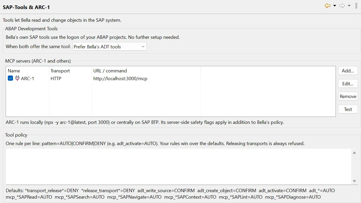 Preferences page SAP-Tools & ARC-1 with the list of MCP servers and the tool policy